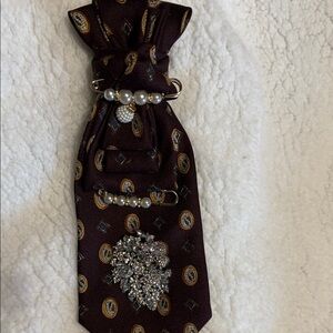 Dark Brown Patterned Necklace Tie with Pearl and Crystal Accent